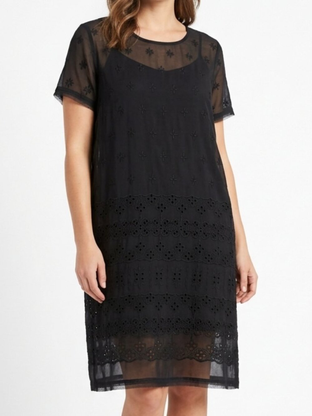 DKNY Black Sheer Silk Floral Eyelet Overlay Dress Women's Size M